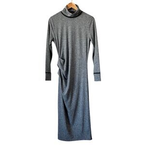 Athleta Womens Gray Heathered Ruched Turtleneck Long Sleeve Midi Dress Small